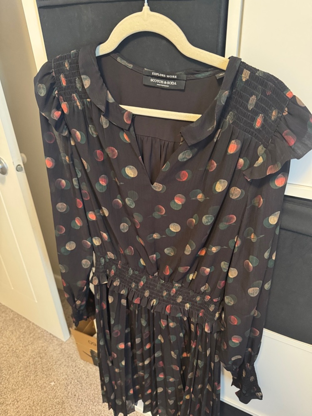 Scotch & Soda Black Polka Dot Long Sleeve Midi Dress